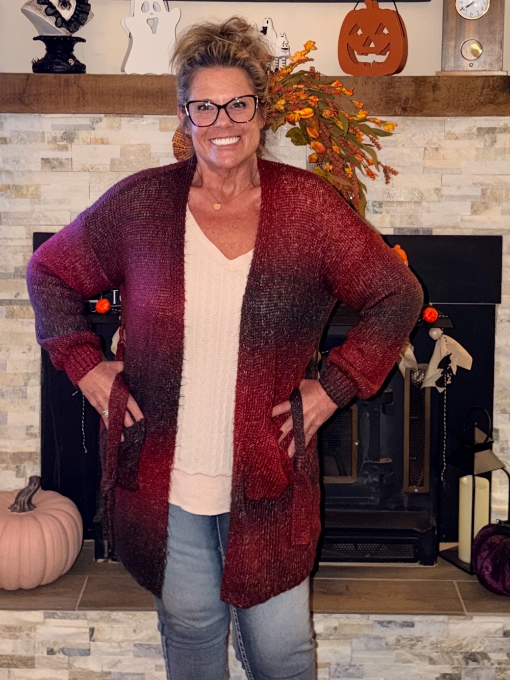 Maurices Red to Burgundy Ombre Open-Front Cardigan